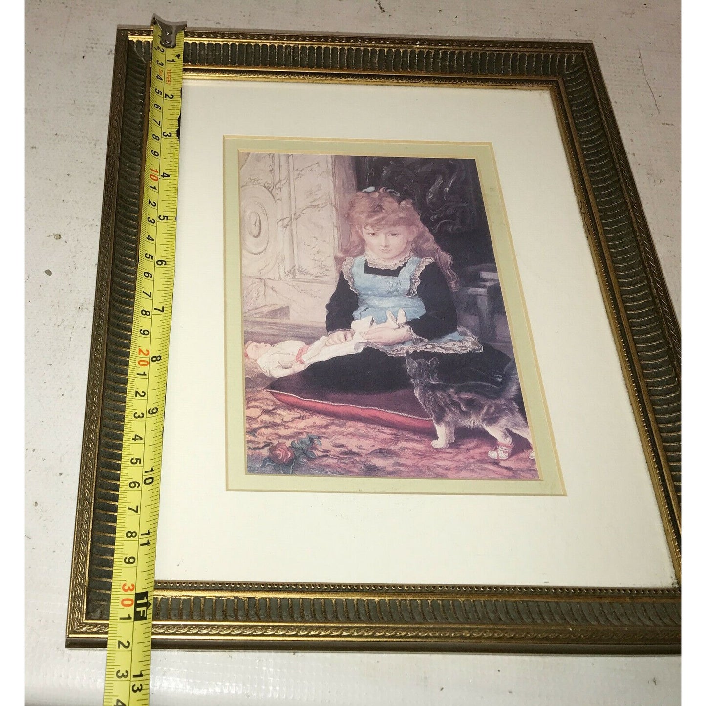 GIRL w Doll and KITTEN a WINDSOR Art Print Matted w DETAILED Frame