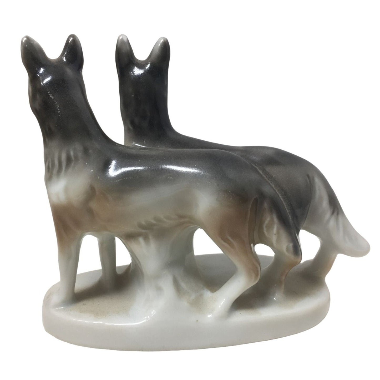 Vintage Porcelain Dog Figurine Made in Japan - 2 Grayish Brown Dogs on White Base