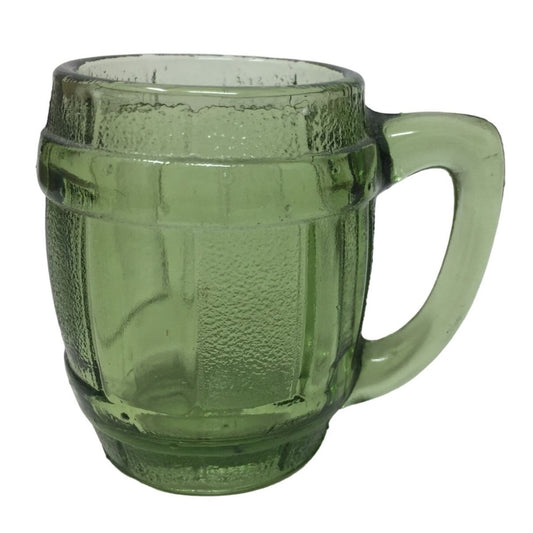 Green Glass Barrel Shaped Mug Style Shot Glass - Cute vintage Colored Glass Barware