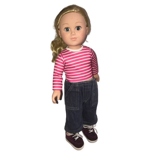 Blonde Doll with PInk and  White shirt,  Cabbage Patch denim pants and shoes - Cute fun Vinyl Doll