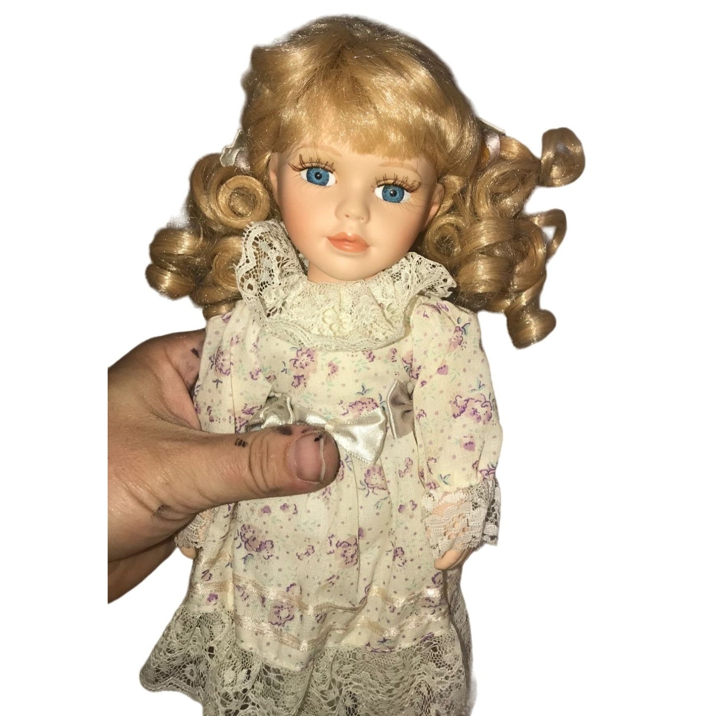 Sweet Faced 10" Porcelain doll - Fun long blonde curly Q Pigtails & big blue eyes - Beautiful face - great starter doll for your budding