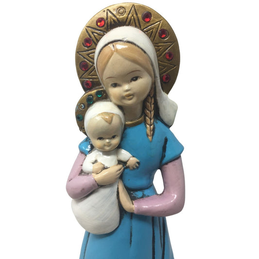 Unique Vintage Madonna with Child Statue Figurine - Bright Color - Folk Art Style