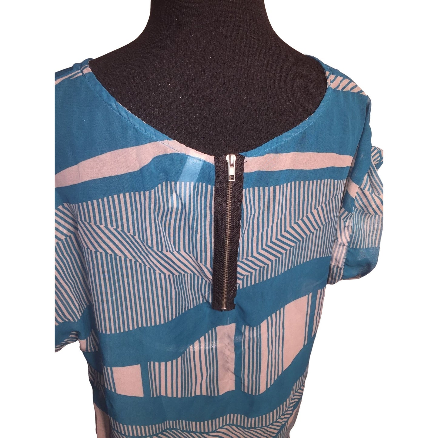 Exhilaration Womens Teal and Beige Blouse with Geometric Patterns Size M