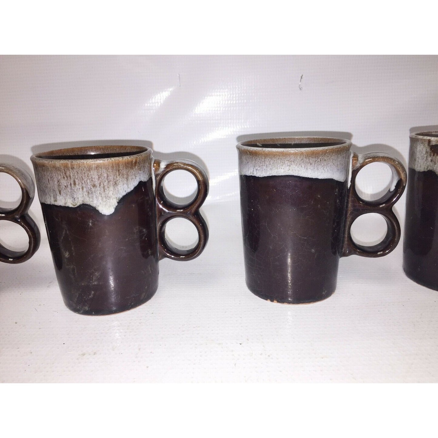 Stoneware DOUBLE FINGER Mug SET Chocolate w White Speckled Rim