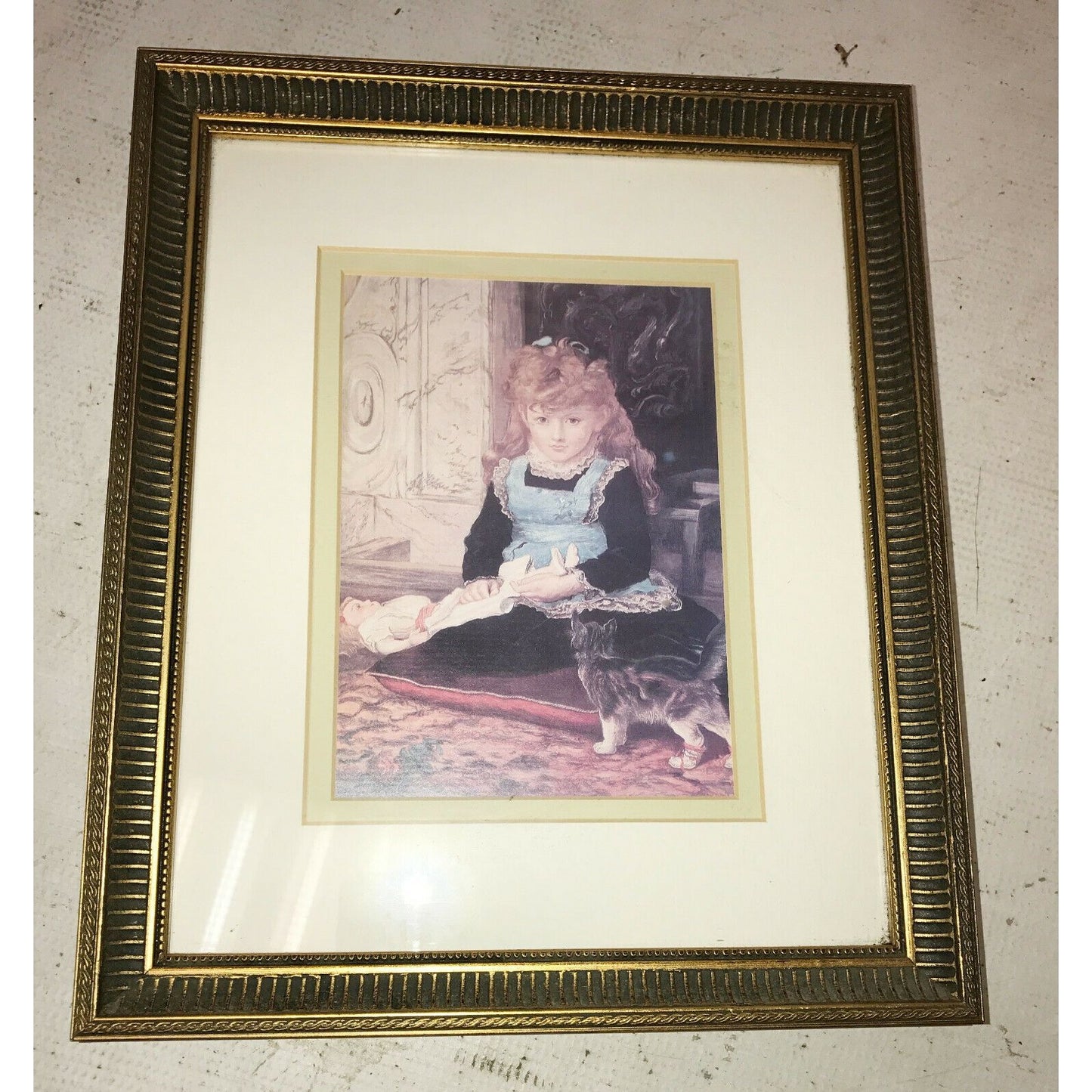 GIRL w Doll and KITTEN a WINDSOR Art Print Matted w DETAILED Frame