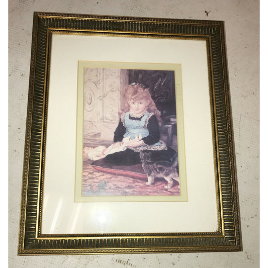 GIRL w Doll and KITTEN a WINDSOR Art Print Matted w DETAILED Frame