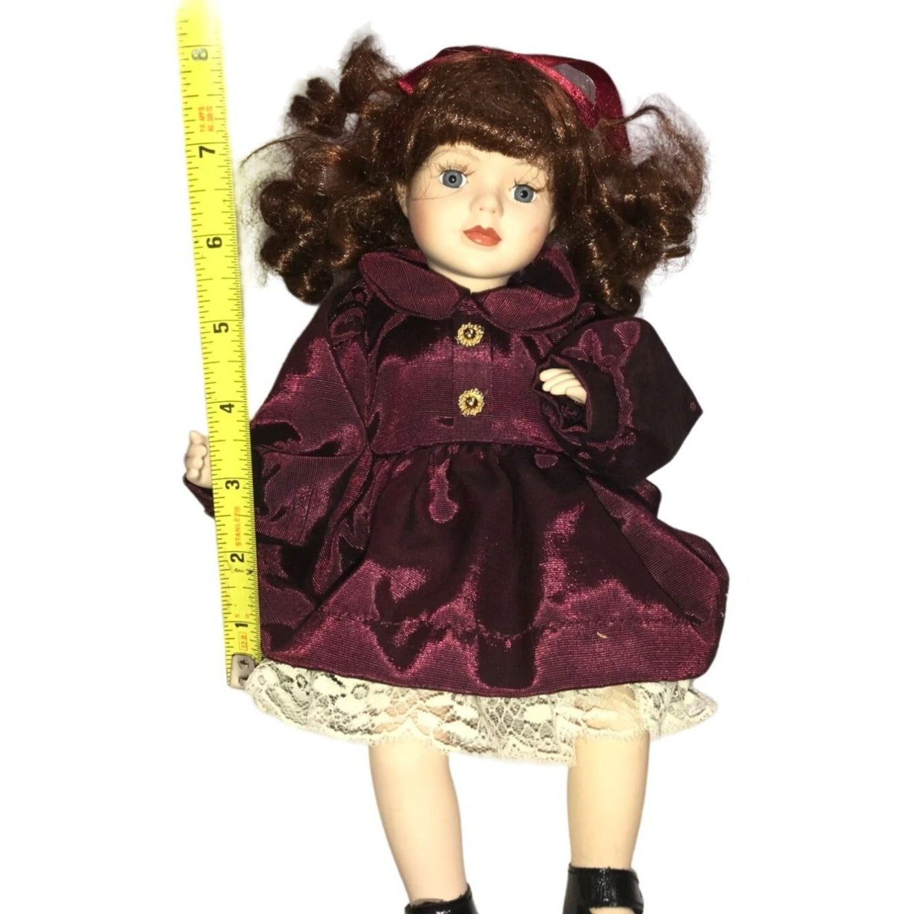 Cute Bright Eyed Brunette Porcelain Doll (Sitting Position) - Burgundy Dress and Mary Jane SHoes