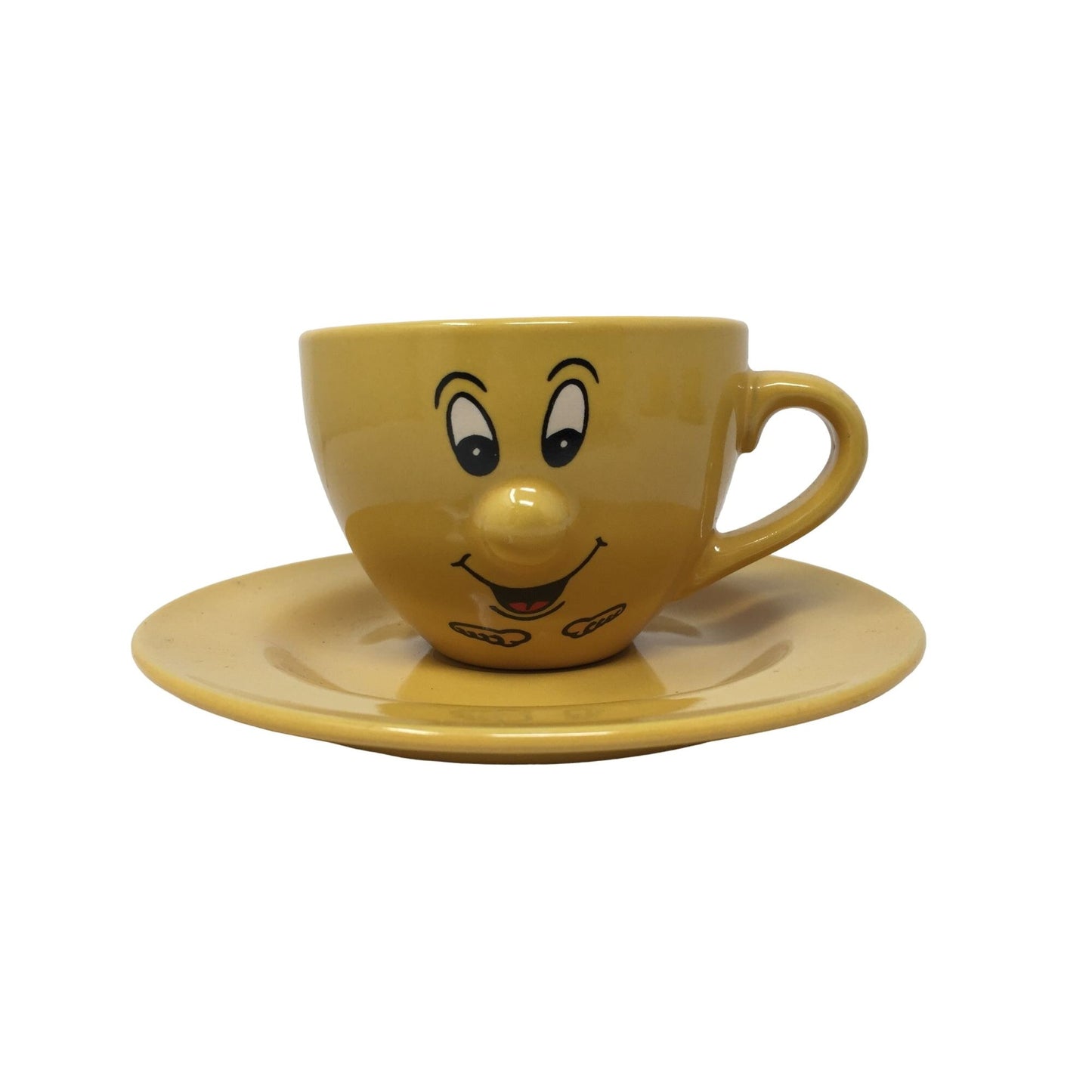 Vintage Mustard Yellow Smiling Face Cup and Saucer Set - 3d Nose - Cute Features