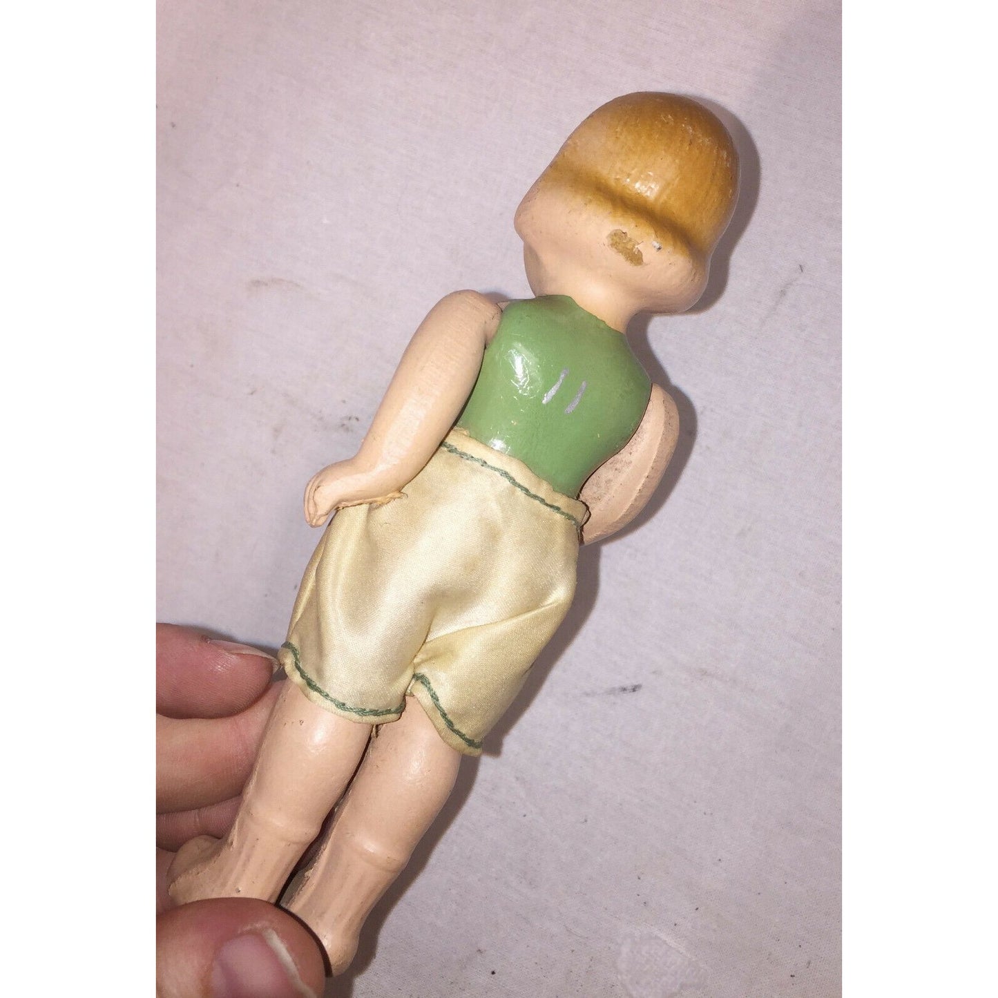 6" Antique BISQUE Doll w Pursed Lips Green Body Satin Shorts Cute