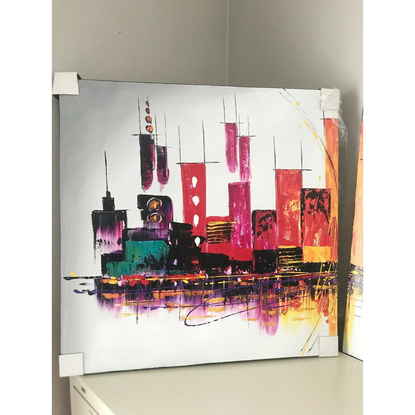 CITYSCAPE Vivid Colors 2 Canvas Set OIL PAINTING Abstract Skyline