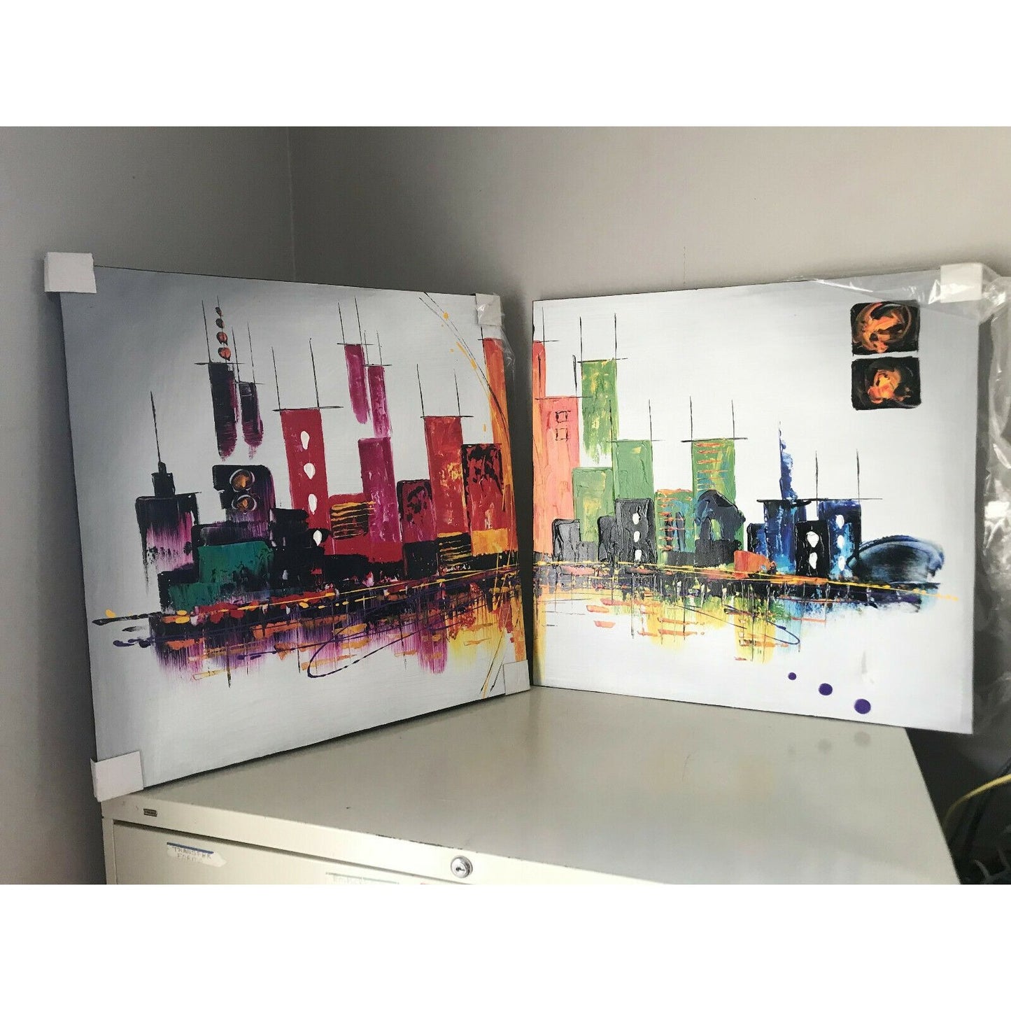 CITYSCAPE Vivid Colors 2 Canvas Set OIL PAINTING Abstract Skyline