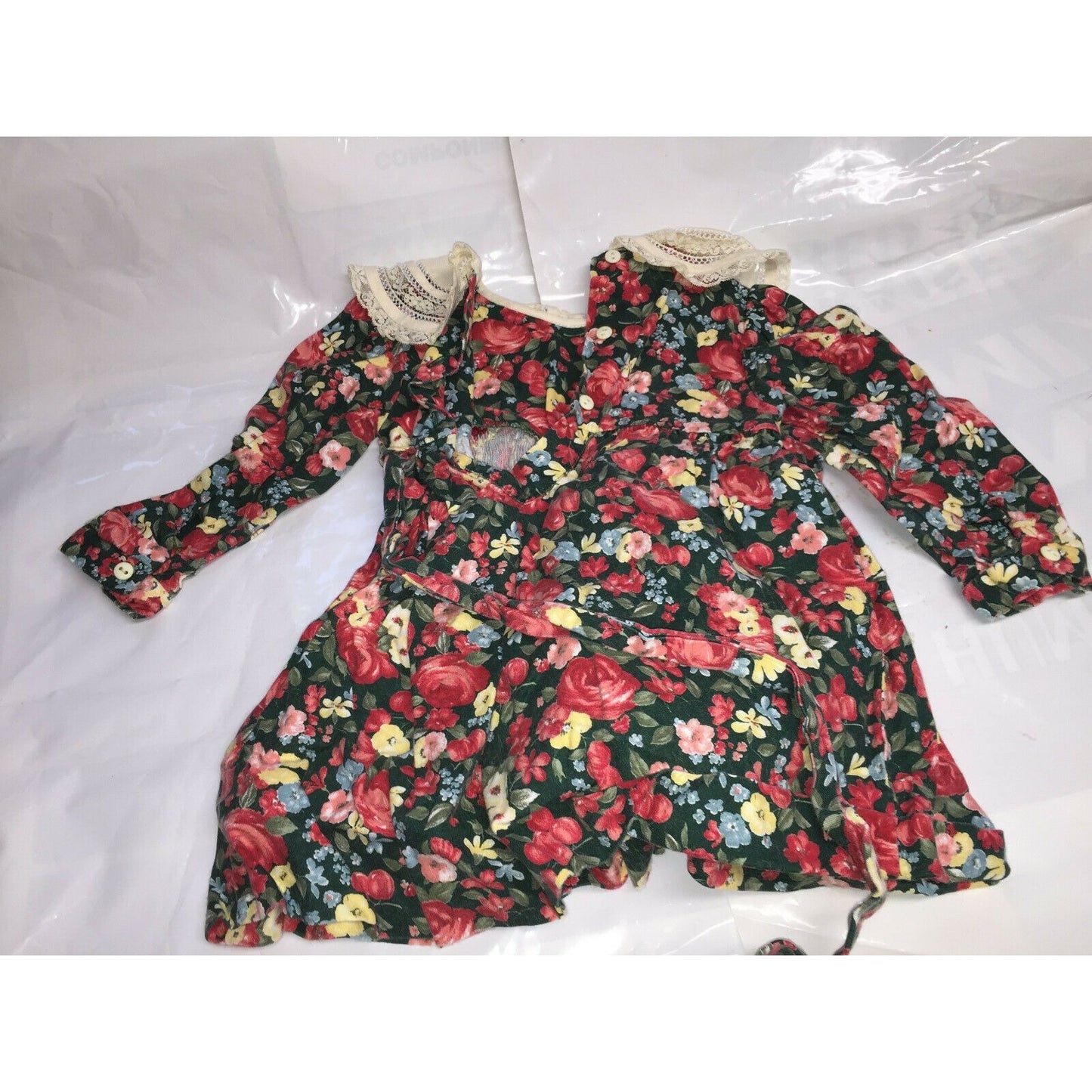 Vintage Smocked Baby Dress 12 Mos Bold Florals on Dark Lace Collar