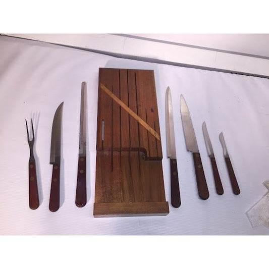 Vintage Hanging wood block knife / cutlery set. As shown