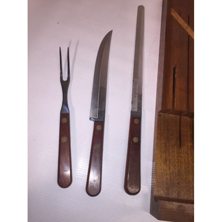 Vintage Hanging wood block knife / cutlery set. As shown