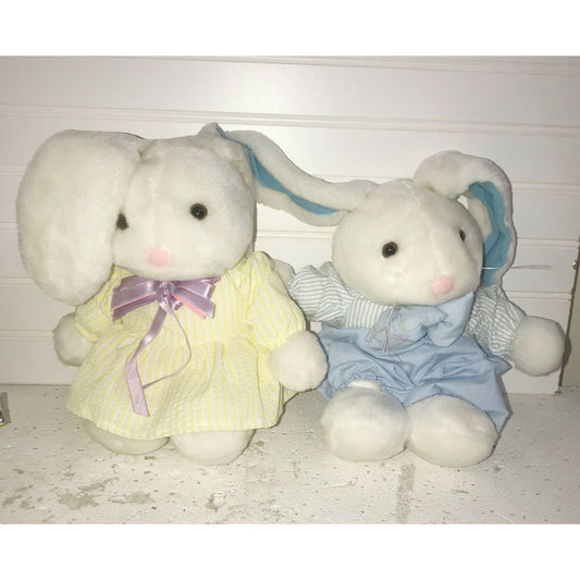 EASTER BUNNY Plush Pair (boy and girl) 11" Dressed Rabbits w Bows