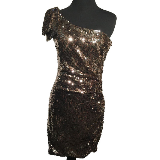 Evening Cocktail Dress - Bronze Tone Sequin one Shoulder Mini Dress Size 7