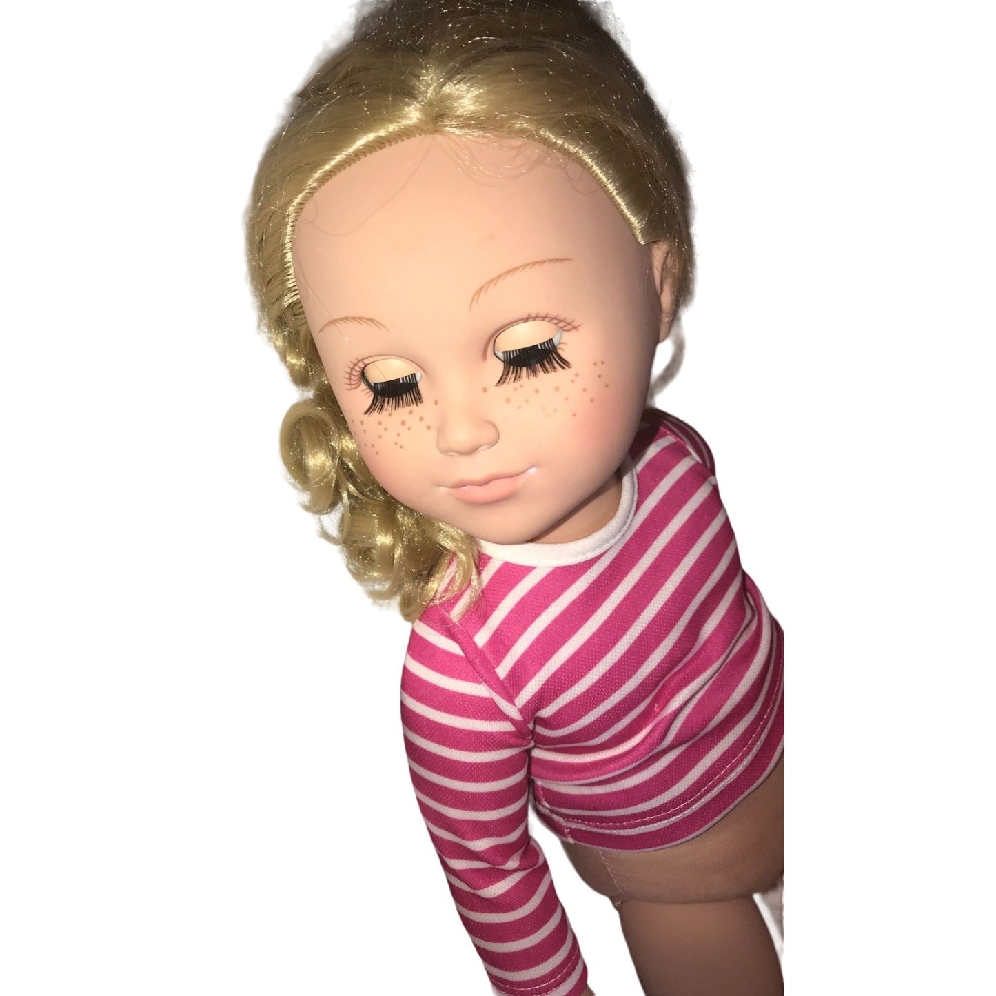 Blonde Doll with PInk and  White shirt,  Cabbage Patch denim pants and shoes - Cute fun Vinyl Doll