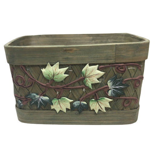 Pretty Greenish Basket with Wide Edges and Painted on Leave and branches to decorate the front.