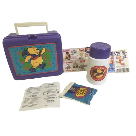 Vintage WINNIE THE POOH Lunchtime Adventures - Lunchbox with Thermos and Promo Packet of Smores (not recommended to eat expired food) - also