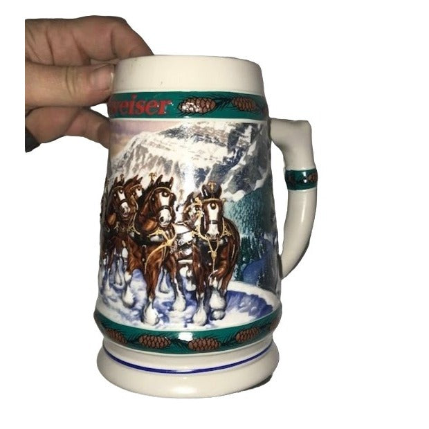 Budweiser 'SPECIAL DELIVERY ' Holiday Beer Stein - Winter Snowy Scene with Clydesdale horses and Budweiser sleigh -Very good condition in or