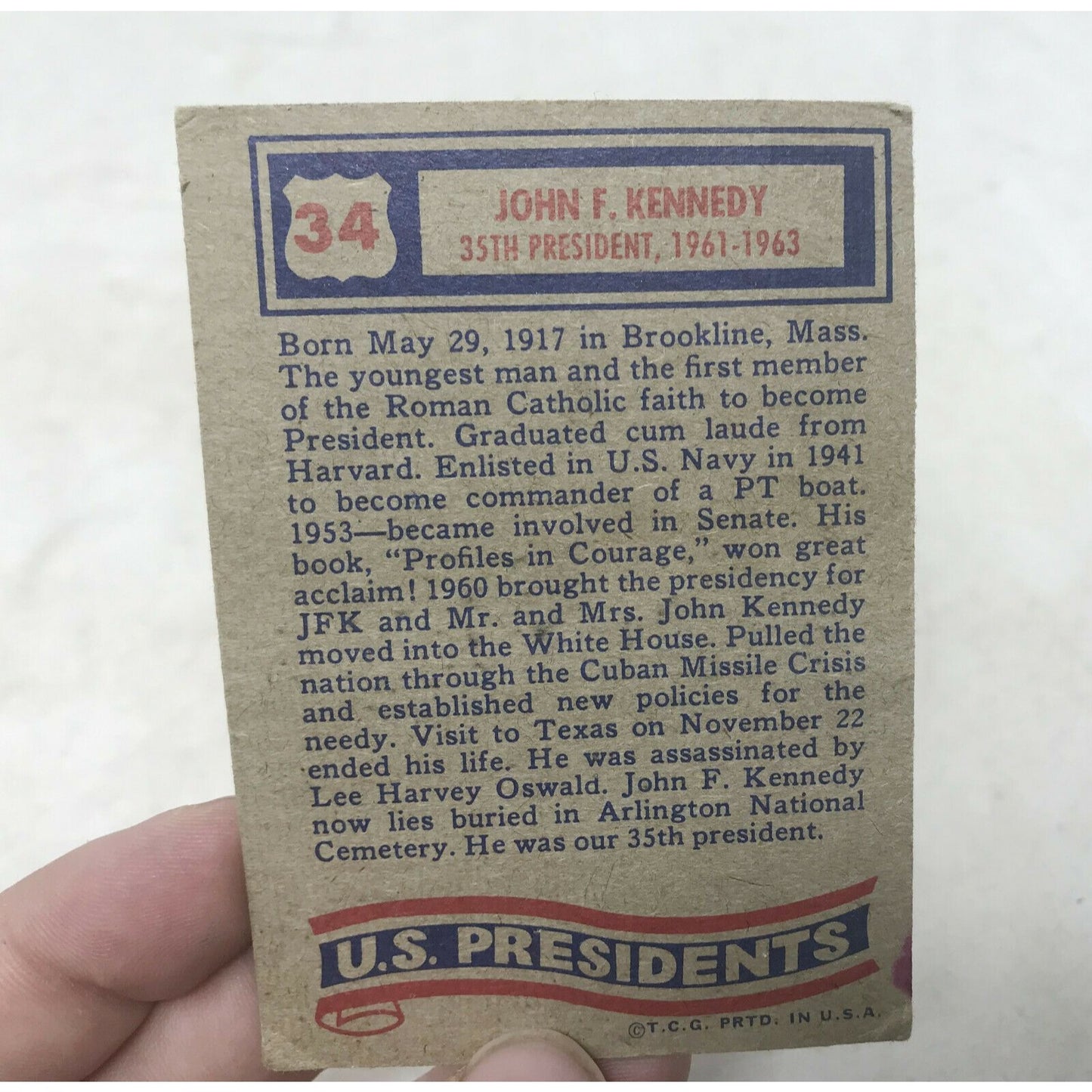 1972 Topps U.S Presidents JOHN F KENNEDY Trading Card  #34