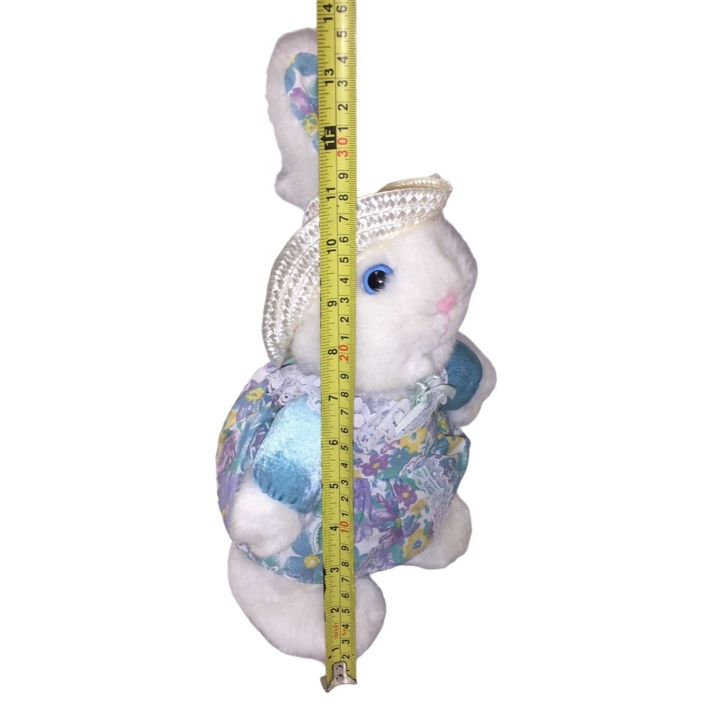 Sweet Smiling White Easter Bunny Rabbit Plush with Straw Hat and Blue, Purple Yellow Floral Print Dress and Accents