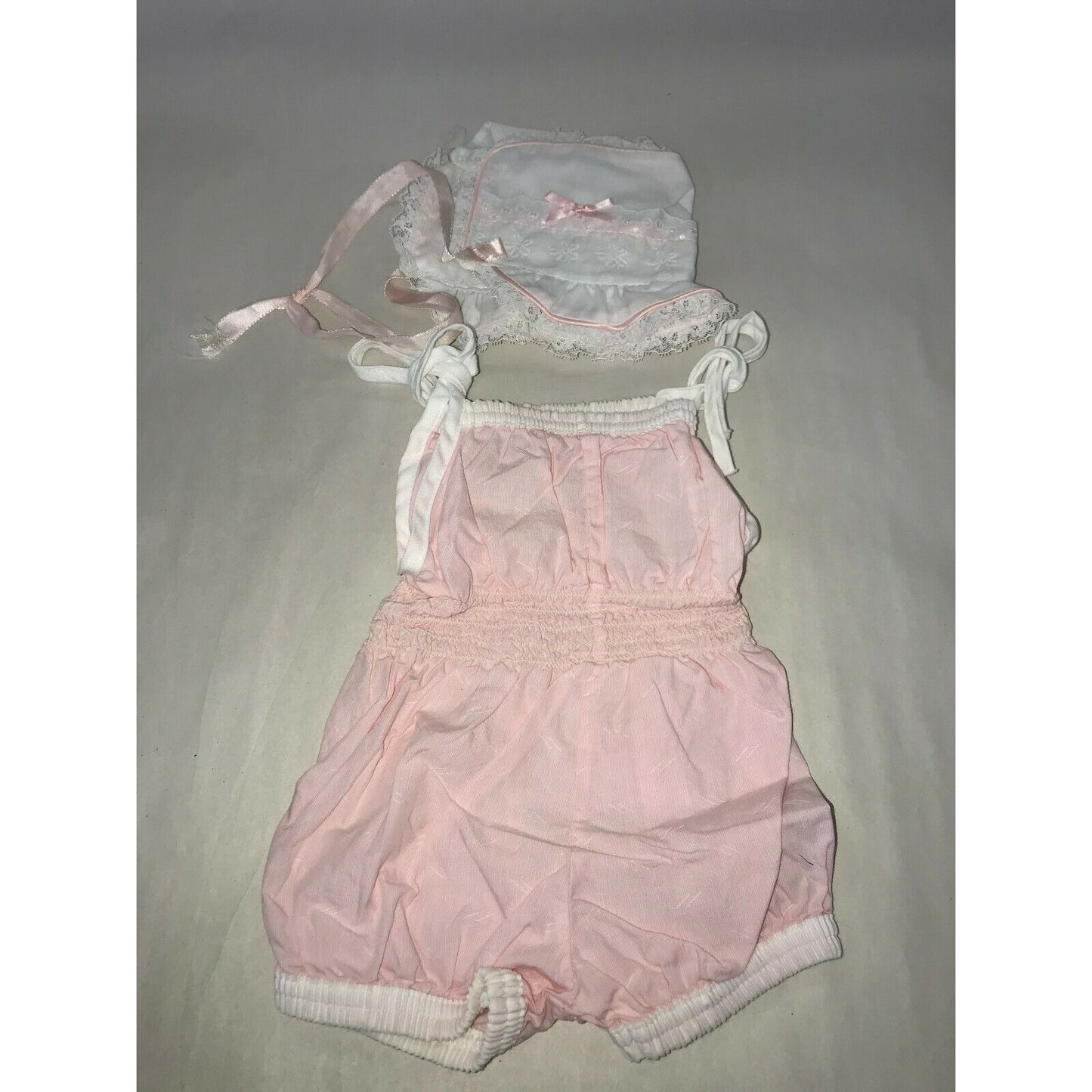 Cute Pink and white Sun Suit / Romper with Hat Infant 12 mos.