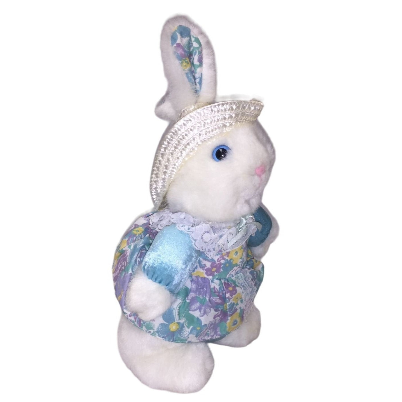 Sweet Smiling White Easter Bunny Rabbit Plush with Straw Hat and Blue, Purple Yellow Floral Print Dress and Accents