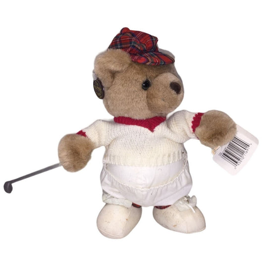 The Heritage Collection Golfing Bear Plush - Red Plaid Hat - white sweater with red trim