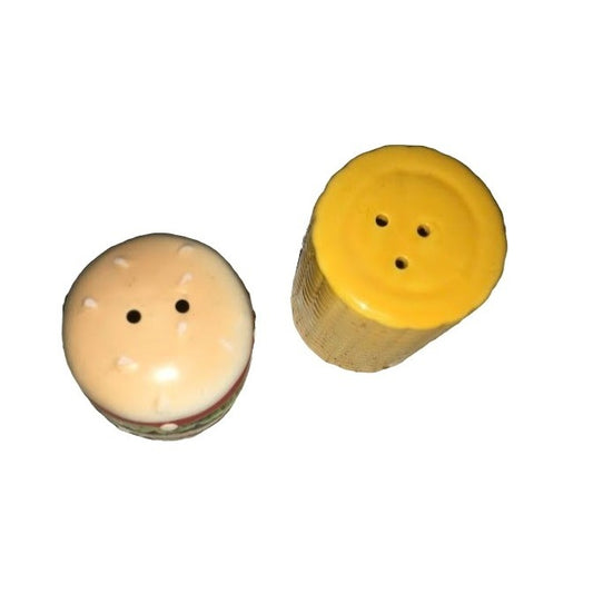 Novelty hamburger and ear of corn - salt and pepper shaker Set - fun style and decor - Dining , kitchen, fun table decor - Cookout, picnic,