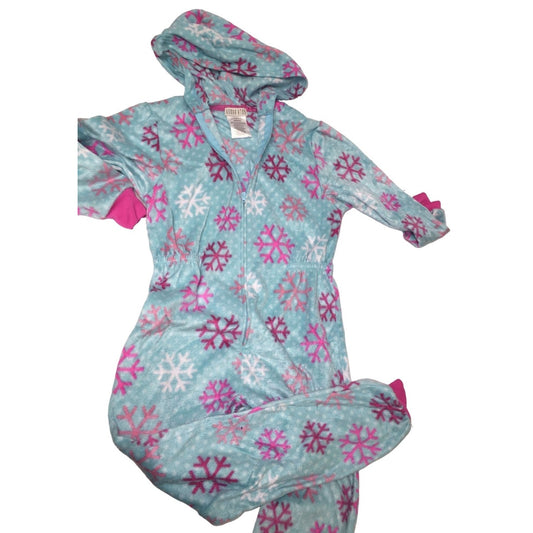 Komar Kids Blue one Piece Pajamas with pink snowflakes and cuffs and hood Size 6