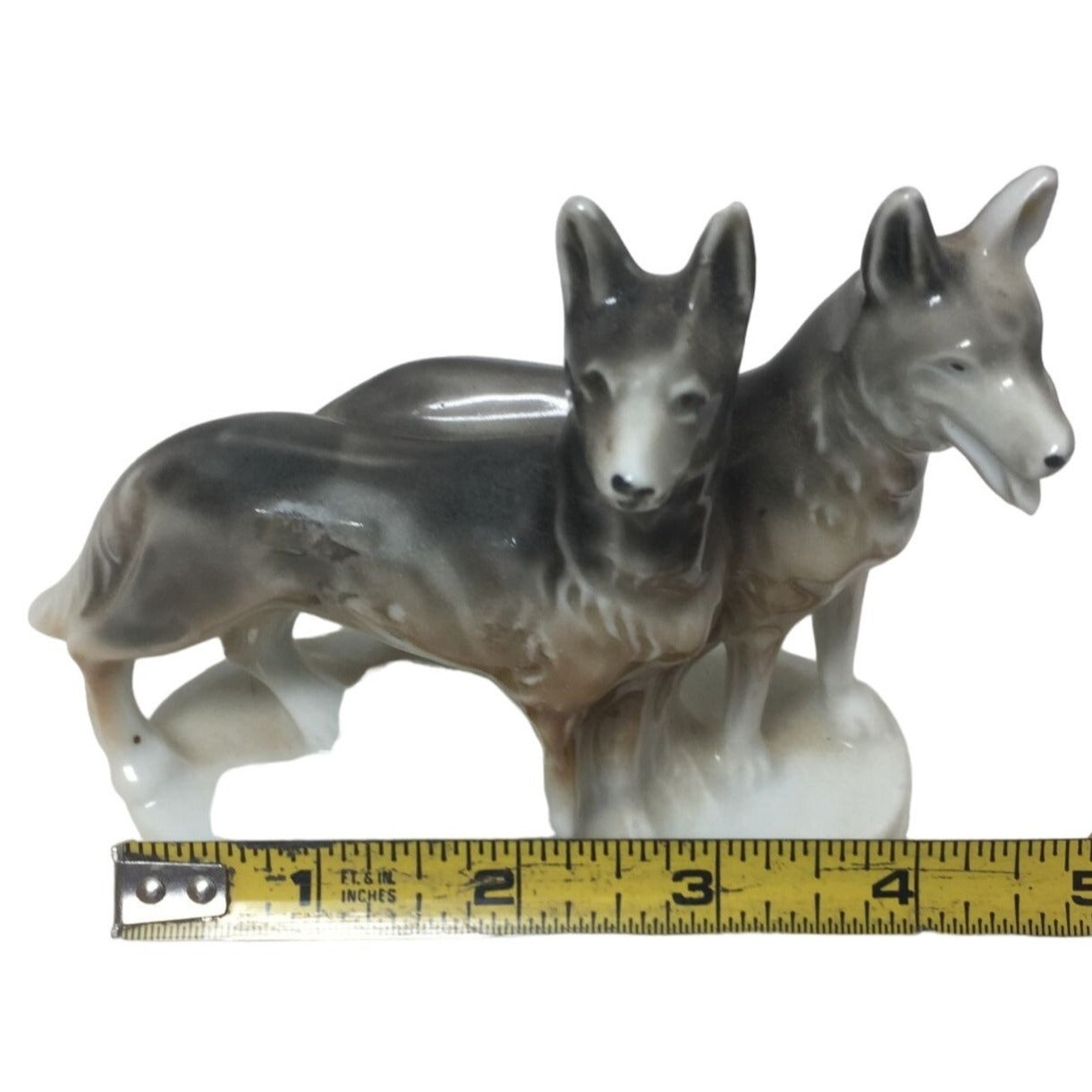 Vintage Porcelain Dog Figurine Made in Japan - 2 Grayish Brown Dogs on White Base