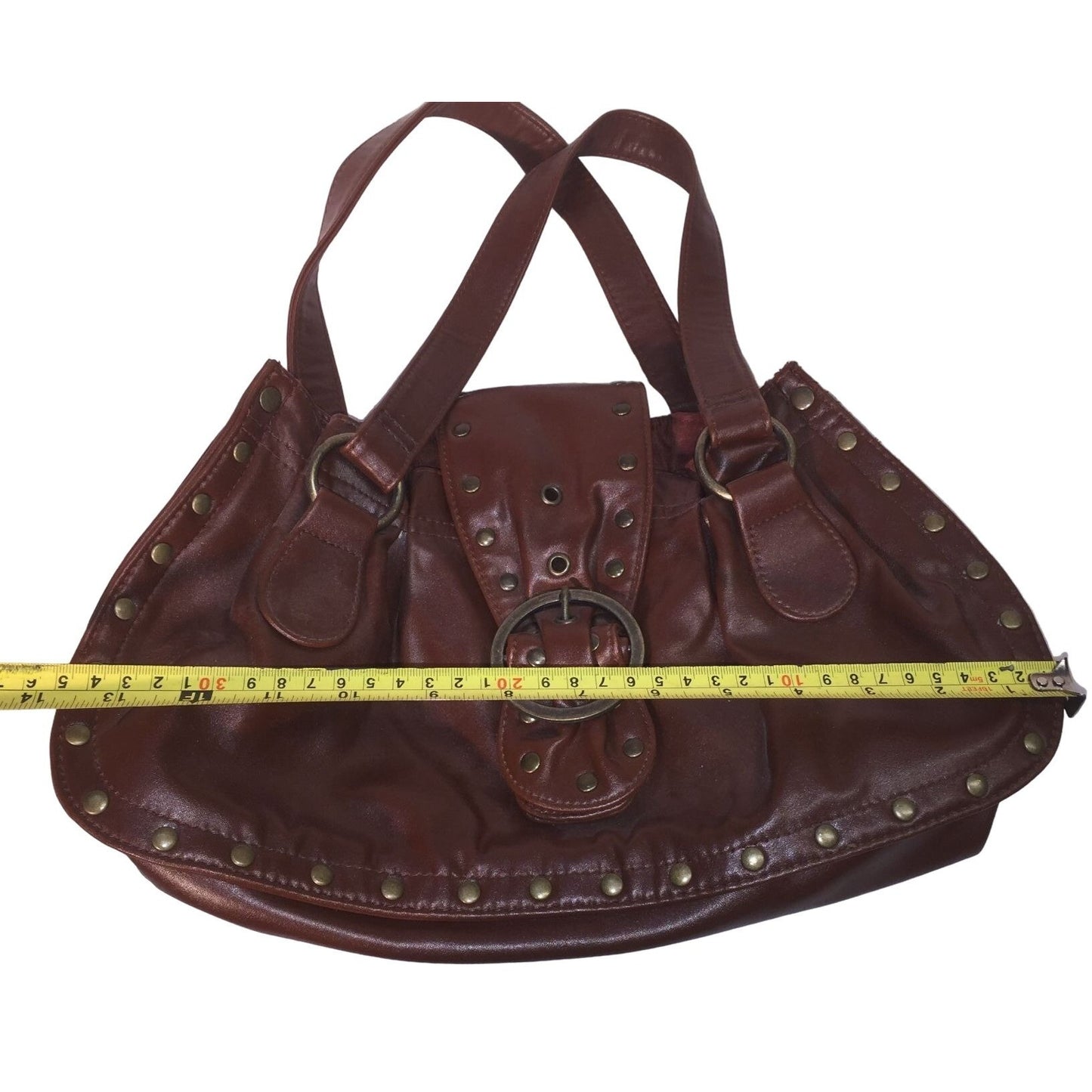 Brown Studded Faux Leather Handbag with Ring Buckle Closure