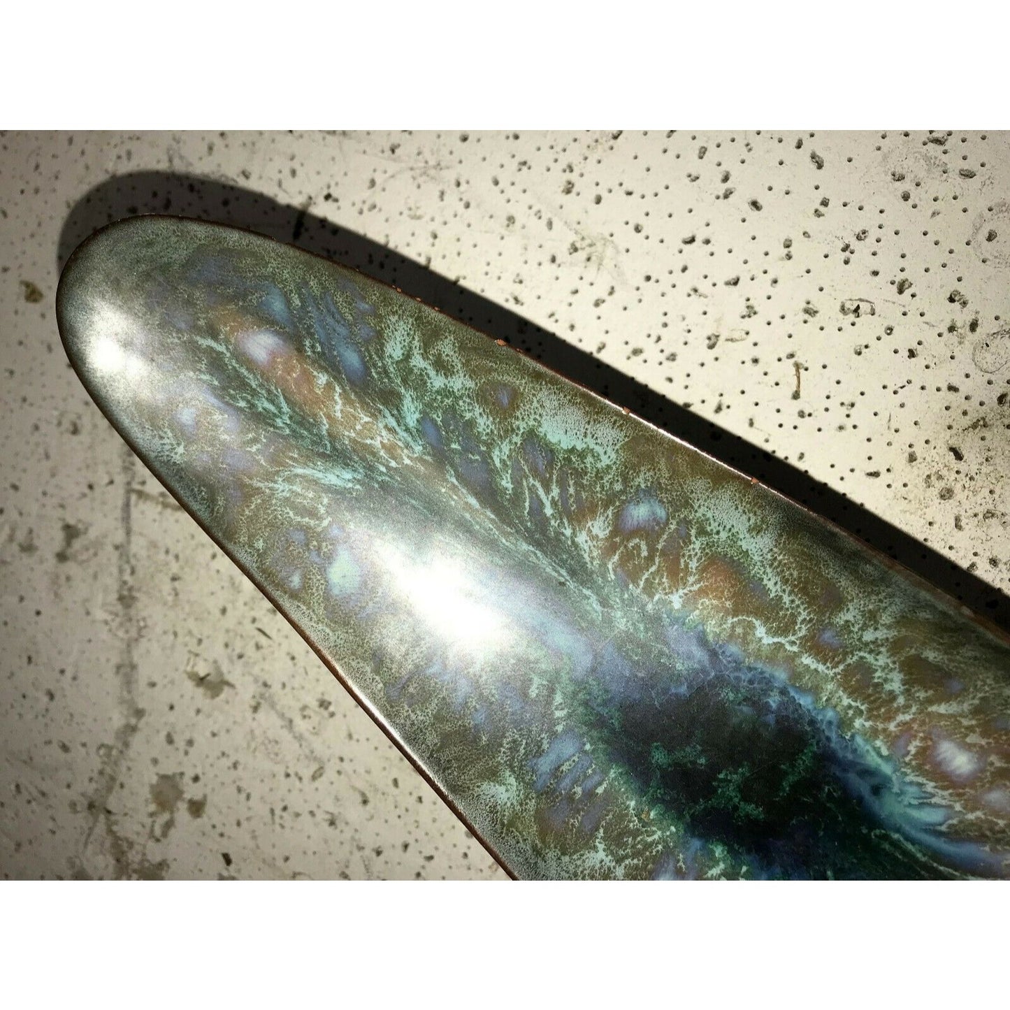 Elongated Art Pottery TRAY Clay w PEACOCK Feather Pattern on Top