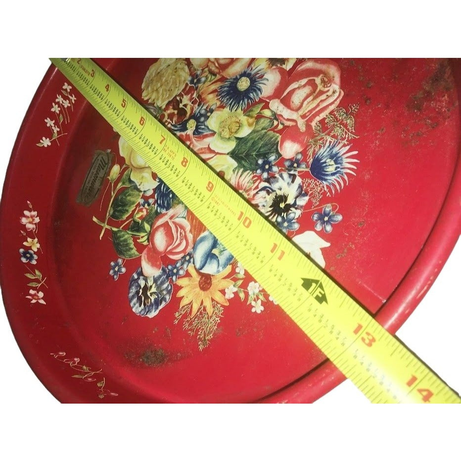 Red MASONWARE Round Tray with Floral Bouquet Art in center - Some spots of wear / rust (see photos) - Great Retro Find