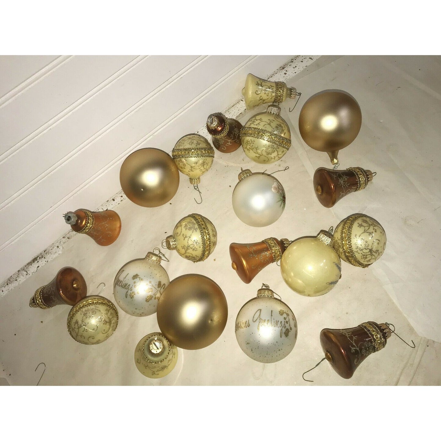 White & Gold CHRISTMAS ORNAMENTS Bell HANDPAINTED Holiday Decor