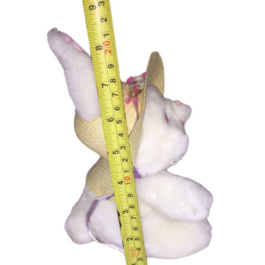 LILY - Plush White Rabbit with Straw Hat, Purple Bow and Pink Above Eyes -  Easter Bunny