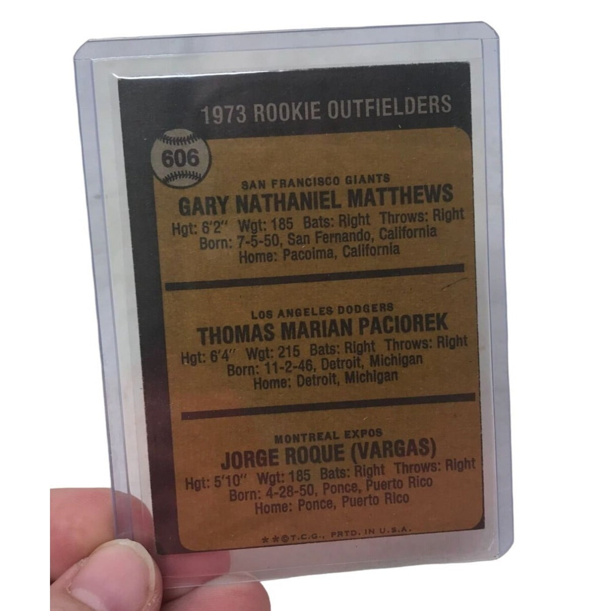 1973 ROOKIE Outfielders Card Gary Matthews, Tom Paciorek, Jorge Roque Card No. 606