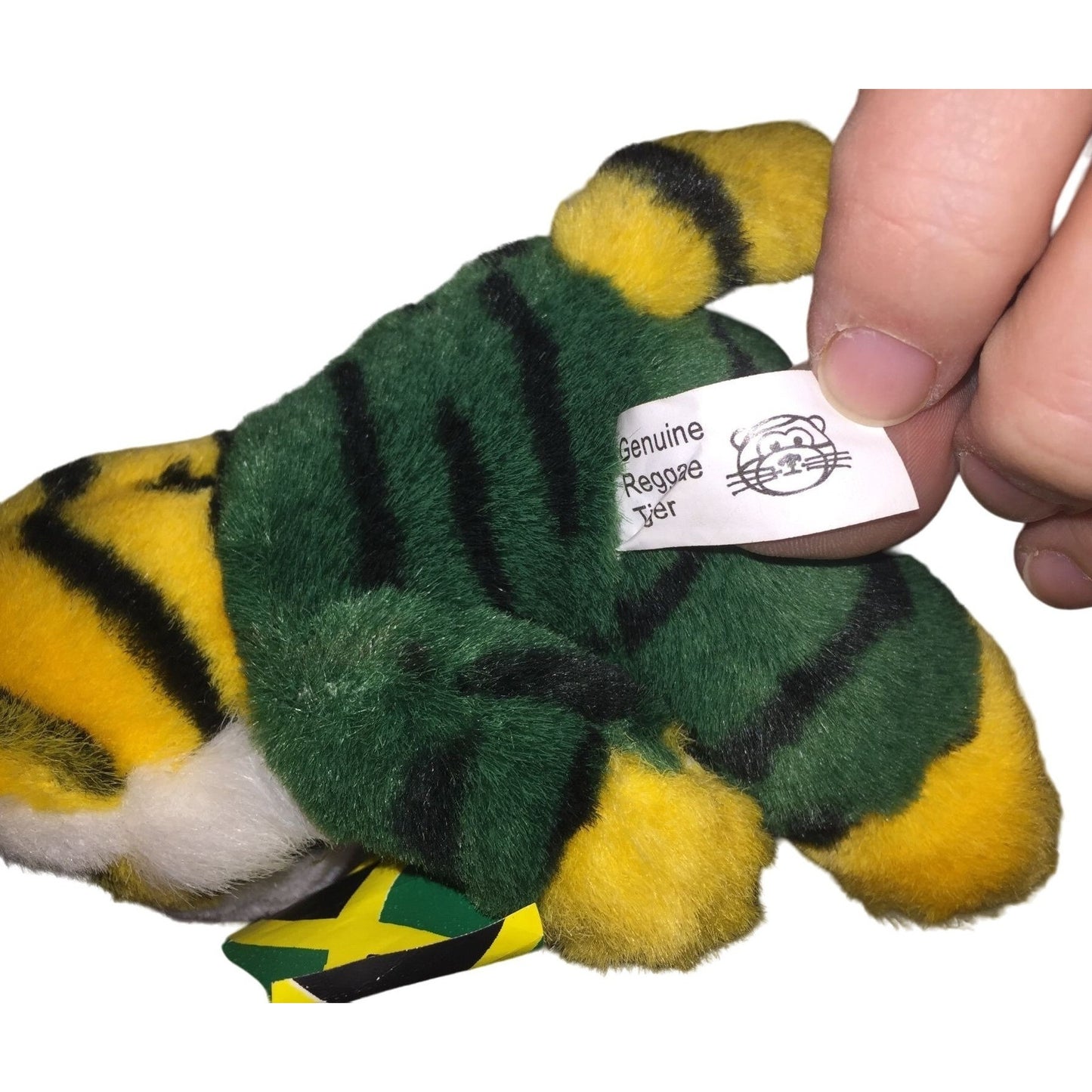 Jamaican REGGAE TIGER - Tiger with Jamaica Flag and another Flag - Green and Yellow Fur - Cute Face!