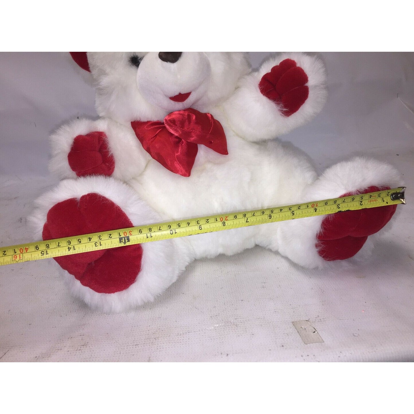 Fluffy White Stuffed VALENTINE'S DAY BEAR Plush RED Bow 16" Tall