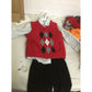 Boys dress outfit with red argyle sweater vest, striped shirt, and black pants