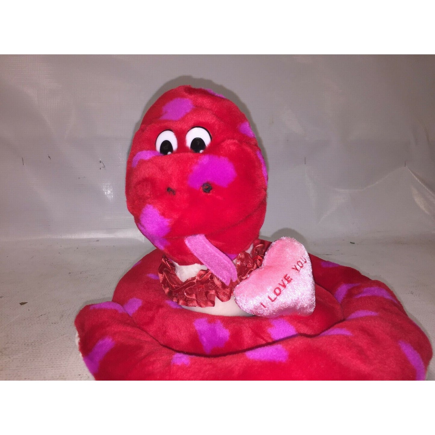 I LOVE YOU Red Valentines Day Red SNAKE Plush w Pink HEARTS Coiled