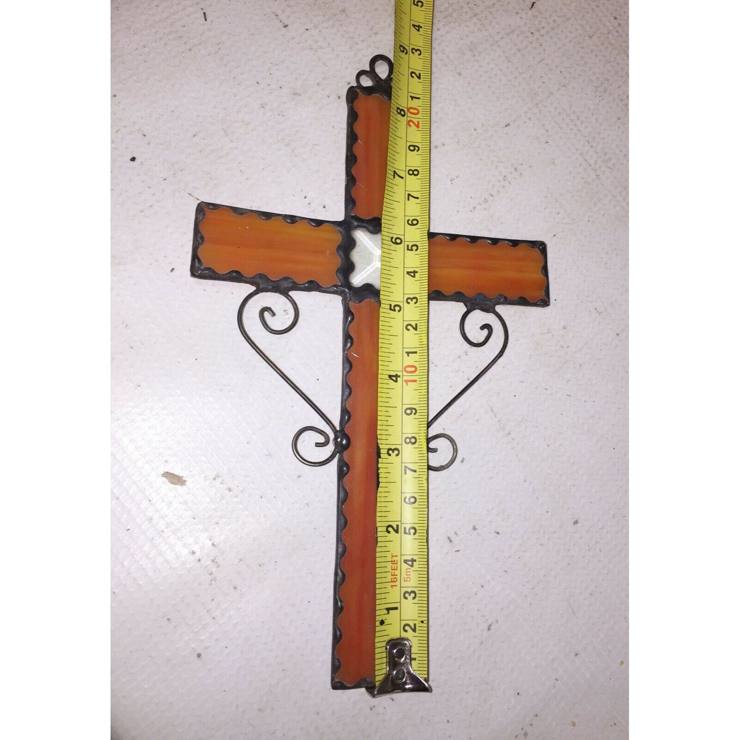 STAINED GLASS and Metal CROSS Sun Catcher Orange White 9" BY 5.25"