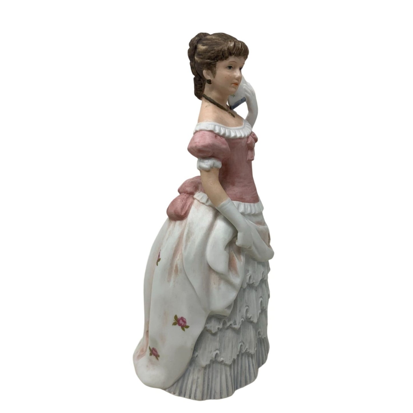 Victorian Woman with Fan "Shall We Dance?" Brown Hair with Pink and White Dress 8" Tall