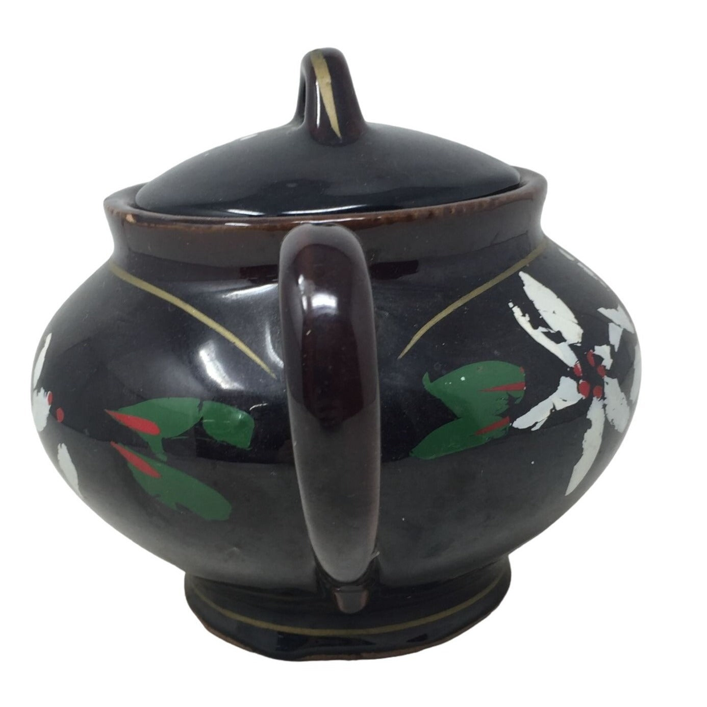 Lidded Black Teapot with White and Red Abstract Flowers