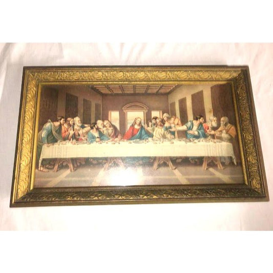 Framed vintage Jesus -The Last Supper art. Intricate textured frame. 17" long Christian Art. Jesus Christ and the Disciples