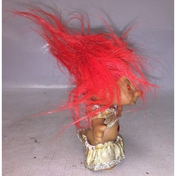 Disco Troll! Red haired troll - gem in belly - metallic looking crop top and skirt - Ace Noelty co - 5 in tall