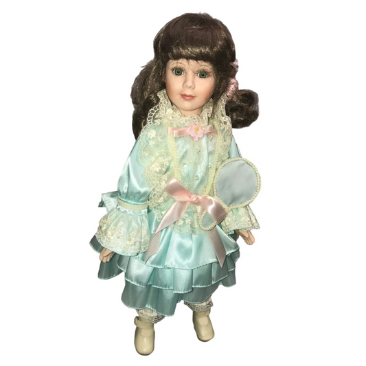 bright eyed porcelain doll - limited edition approx 16" tall (numbered) long brown hair faux mirror accessory and stand included