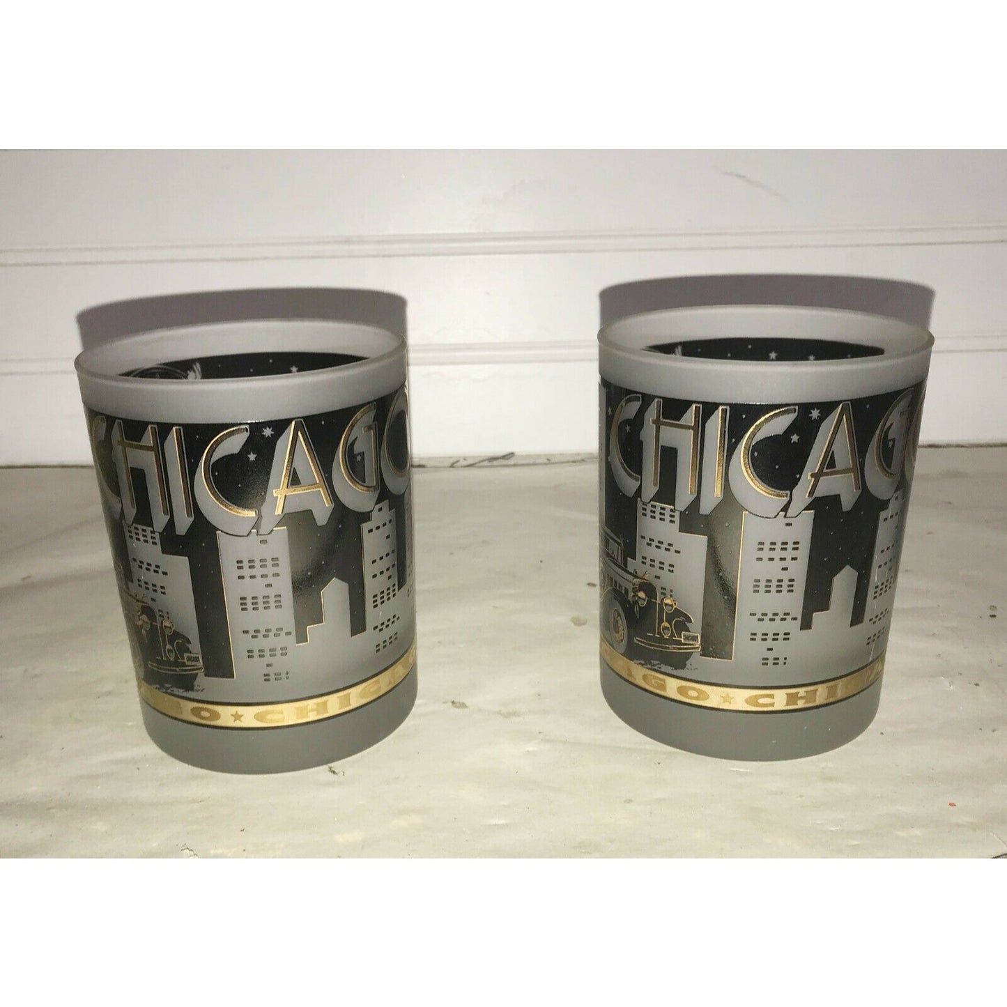 Pair of CHICAGO Tumblers SOUVENIR Gold and Black w Frosted Glass