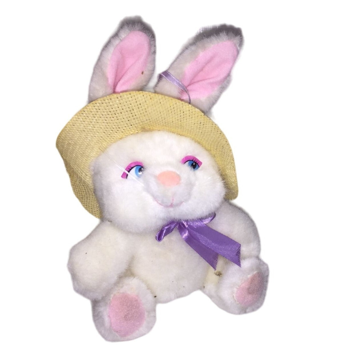 LILY - Plush White Rabbit with Straw Hat, Purple Bow and Pink Above Eyes -  Easter Bunny